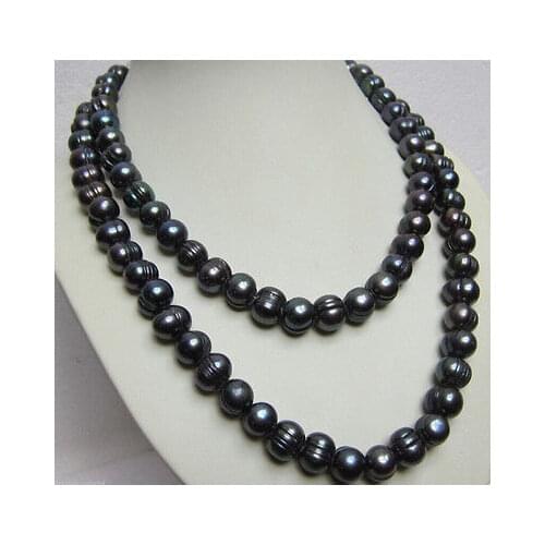 Charming 32" 9-10mm tahitian black baroque pearl necklace 14k yellow gold clasp