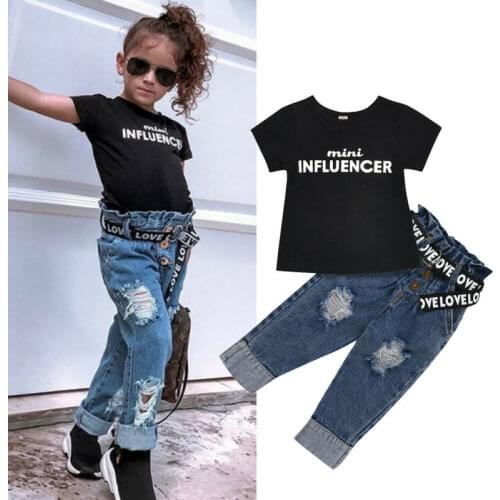 1-6Y Summer Toddler Kids Baby Girl Clothes Sets Letter Tops T-Shirt Denim Pants Jeans Outfits Clothes