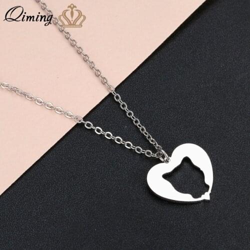 QIMING Stainless Steel Cat Animal Necklace For Women Kids Lovely Love Heart Cartoon Kitty Everyday Jewelry Dropship