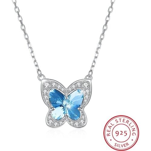 LEKANI Fine Jewelry Made with Lekani Crystal Butterfly Real S925 Sterling Silver Blue Pink Necklace for Women Gift Hot Sell