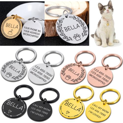 Personalized Dog ID MICROCHIPPED Tag Pet Cat Collar Pets Charm Name Pendant Round Necklace Kitten Puppy Cat Collar Tags