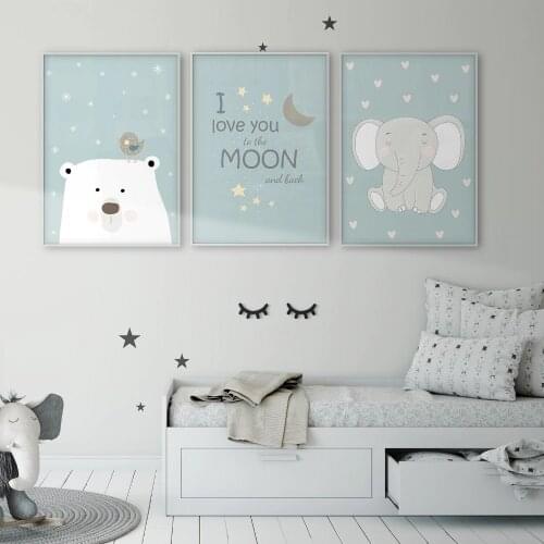 Polar Bear Bird Elephant I Love You to the Moon and Back Childrens Wall Art Poster Baby Room Canvas Print Nursery Wall Decor