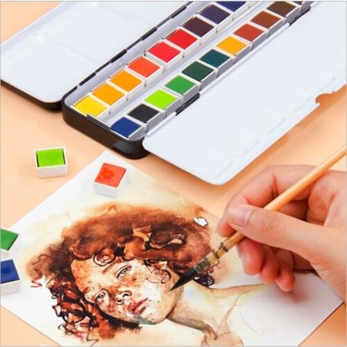 Professional 24 Colors Solid Watercolor Paints Set With Paintbrush Water color Pigment Set Acuarelas Verf Iron Box Art Supplies
