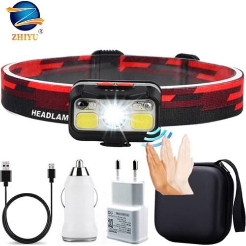 Sensor XPE Headlamp Head Lamp Headlight Waterproof 2500lm Cob Led Built In Usb Rechargeable 18650 Battery Working Light 5w
