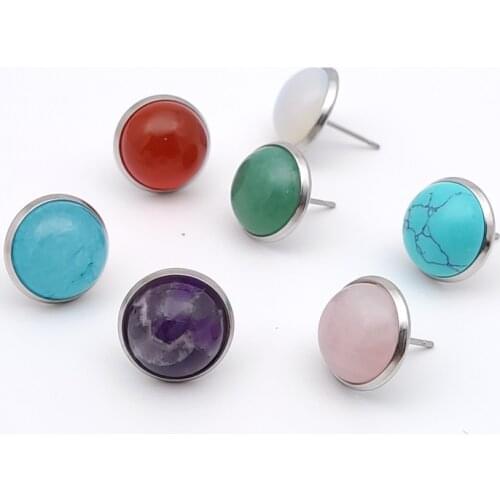 12MM Stone Pendant Stainless Steel Stud Earrings Jewelry Tiger Eye Opal Blue Pink Crystal Earings Women Men Gift