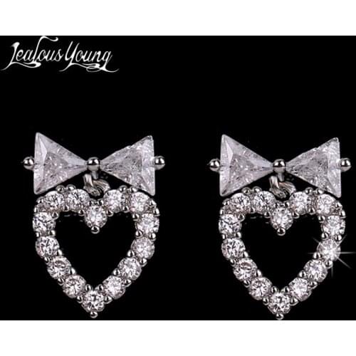 Silver Color Cute Heart Zircon Stud Earrings for Women Bling Bowknot Korean Earrings Fashion Jewelry