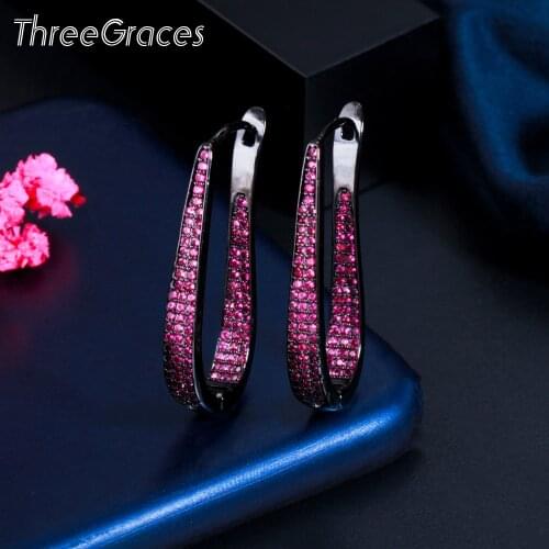 ThreeGraces Personality Rose Red Cubic Zirconia Crystal Unique Black Gold Party Hoop Earrings for Women Costume Jewelry ER579