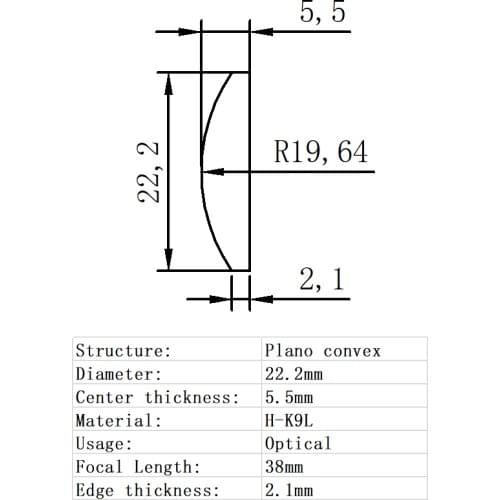 Plano Convex Lens Diameter 22.2mm Focal Length 38mm H-K9L Glass Lens Optical Glass Optical Lens