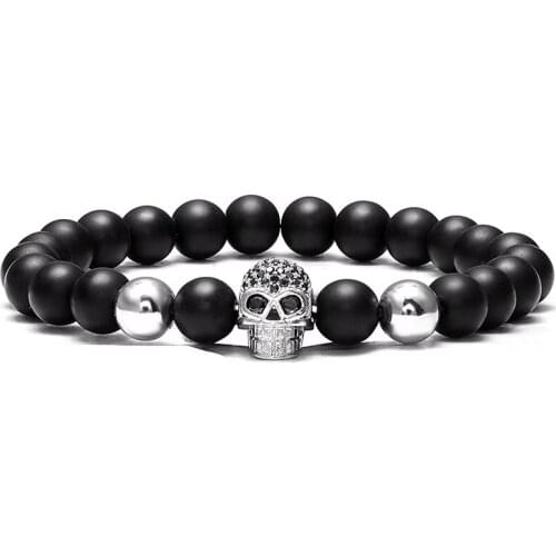 JAAFAR High quality punk CZ skull bracelet men and women handmade jewelry mens natural energy stone beads mens yoga jewelry