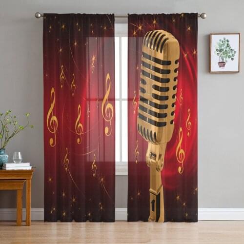 Microphone Music Notes Voile Curtains for Living Room Window Treatment Sheer Curtains for Bedroom Kitchen Drapes