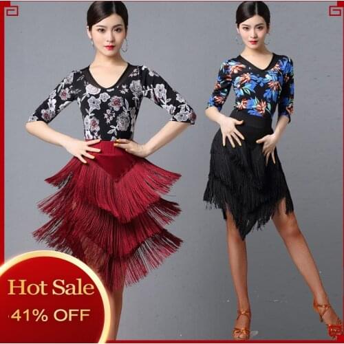 Latin Dance Practice Clothes Women Ballroom Dance Clothes Modern Dance Practice Middle Sleeved Printed Tops Fringe Skirt DL4320