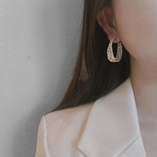 TIMEONLY Creative C Shaped Hoop Earrings Sparkly Rhinestones Hollow Alloy Earring Luxury Trendy Party Jewelry for Women Female
