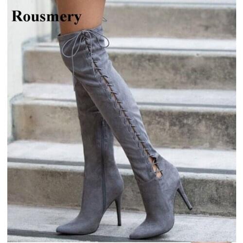 High Quality Women Fashion Pointed Toe Suede Leather Lace-up Over Knee Gladiator Boots Cut-out High Heel Long Boots