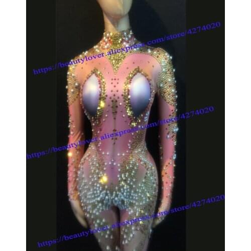 Nightclub Women Ring acrobatics female singer dj color diamond pearl thin elastic jumpsuit adult stage costume