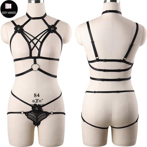 Women Body Harness Set Goth Crop Top Flowers Lace Harness Bra And Lace G-string Rave Fetish Bustier Bondage Lingerie Set