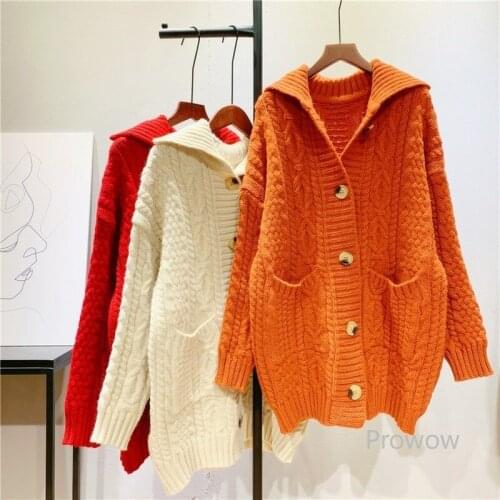 Lapel Twist Knit Cardigan Women Thickened Sweater Coat Pockets Vintage Jacket Women Lazy Oaf Cardigans Red/ Orange/beige Outwear