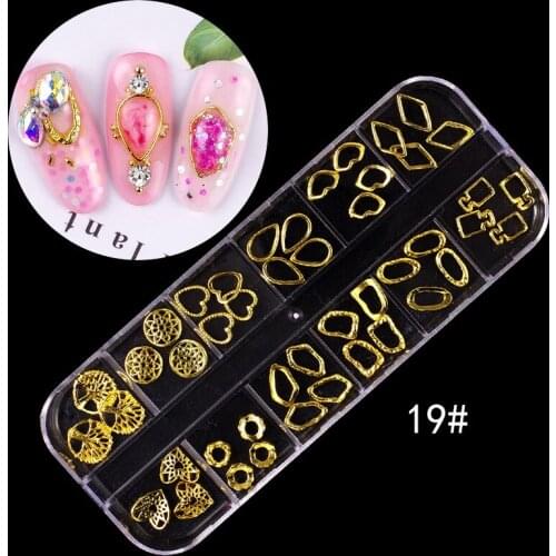 1 Box Gold Silver Hollow Mixed Shaped Rivets Nail Art Alloy Drill Pearl Horse Eye Sequins 3D Decorations Nail Rhinestones