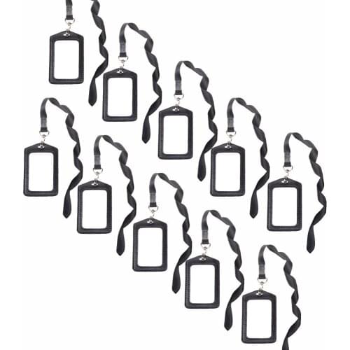 10pcs Black Vertical Style Faux Leather Business Id Credit Card Badge Holder Clear Pouch Case with Long Neck Strap Band Lanyard