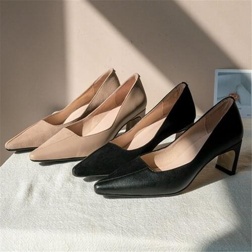 2021New Womens Shoes Pointed Toe Shallow Pumps Genuine Leather Shoes Chunky Heels Pumps