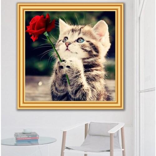 5D DIY Diamond Painting Cat Rose Cross stitch Kit Full Drill Square Embroidery Mosaic Art Picture of Rhinestones Gift Home Decor