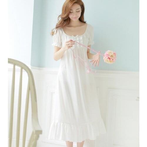 Free Shipping 100% Cotton New Summer Princess Nightdress Long White Pijamas Womens Nightgown Sleepwear Ladies negligee