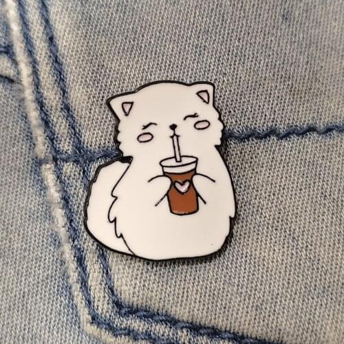Cartoon Cute Animal Brooch Black Metal Brooch Enamel Pins Cat Drink Thinks Size About 0.9*0.8 Inch Weight “3.3g
