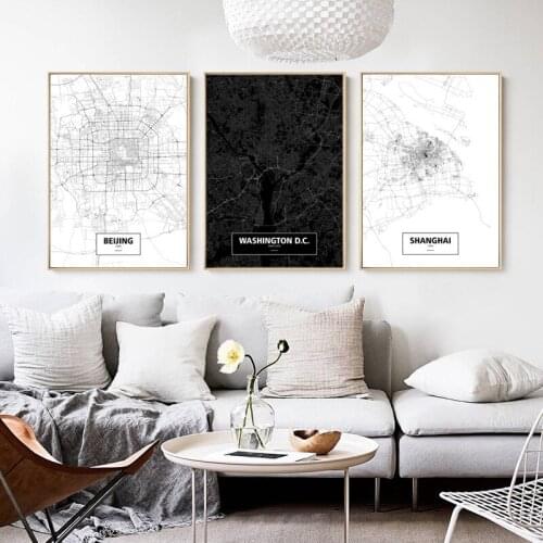 China City Map Beijing Shanghai Washington DC Map Decorative Canvas Painting Nordic Minimalist Picture Black White Wall Art