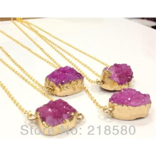 H-QN62 Hot Pink Druzy Pendant Necklace Silver or Gold Natural Stone Round Shape Women Necklace for Party 40mm-50mm 18 inch