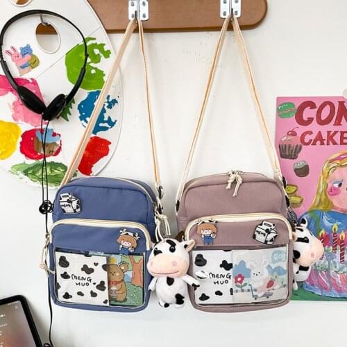 Harajuku Cow Pattern Canvas Bag Women Shoulder Messenger Transprant Crossbody Bags with Cute Pendant