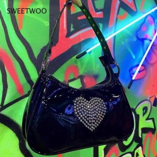 Kawaii Cute Baguette Underarm Designer Bag Heart Rhinestone Rivet PU Leather Black Handbags For Women Top Handle Bags