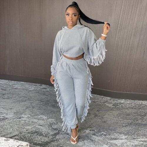 TNNAOFF Tassel Womens Tracksuit Hoodies 2 Piece Set Long Sleeve Tops Fall Home Clothing Fashion Pants Streetwear Outfits Suits