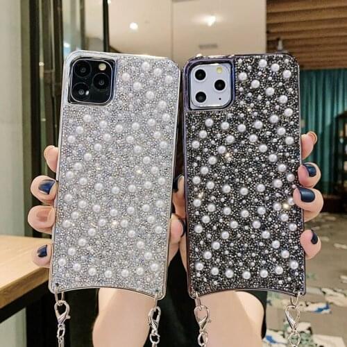 TPU Soft Bling Glitter Pearl Crystal Necklace Lanyard Case For Huawei Mate 40 20 30 Pro P30 P40 Pro Diamond Crossbody Case Phone