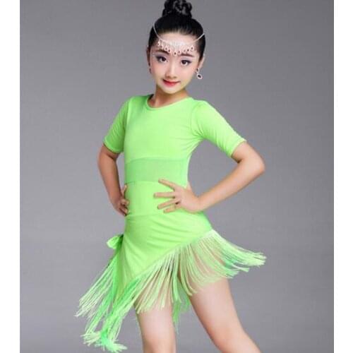 New Girls Kids Latin Dance Dress Fringe Latin Dance Clothes Salsa Costume Black Red Green Ballroom Tango Dresses for Sale F64