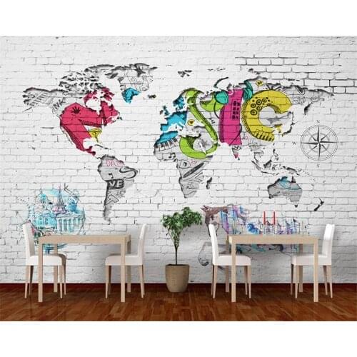 Beibehang Custom Wallpaper White Brick Wall World Map Nordic Graffiti Background Wall Background Painting 3d wallpaper mural