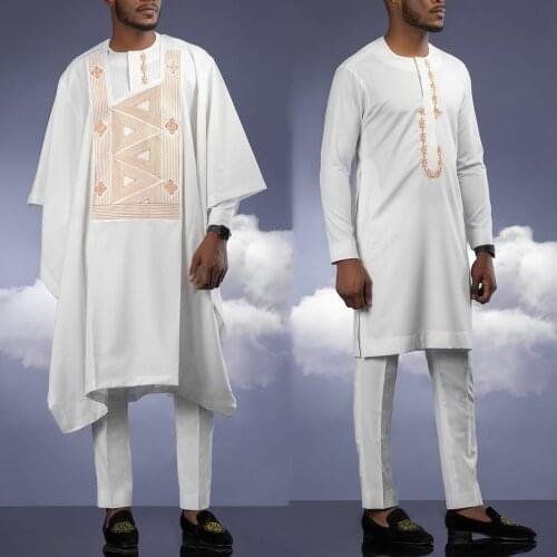 H&D African Dashiki Embroidery Clothes Men White Agbada Cover Shirt Pants Set 2021 Eid Ramadan White Robes Traditional Outfit