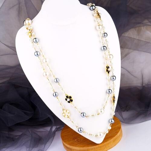 Fresh Water Pearl Initial Rose Flower Pendant Long Necklace Curb Thick Chain Link Necklace for Women