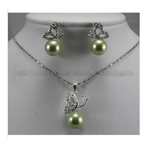 12MM Apple Green South sea Shell Pearl Earrings & Necklace Pendant Set ^^^@^Noble style Natural Fine jewe FREE SHIPPING