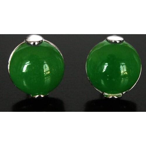 925 Sterling Silver Inlay 18mm GreenNatural jade Stud Earrings