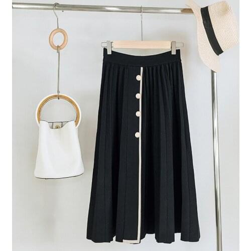 Sherhure 2020 Autumn Knitted Long Skirts Faldas Jupe Femme Saia Vintage Women High Waist A-Line Pleated Black Skirt