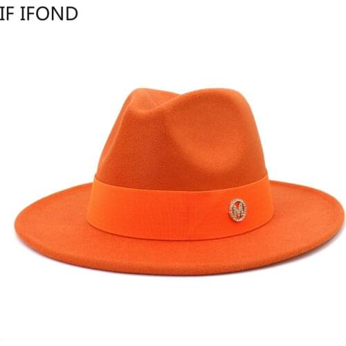 Formal Wide Brim Felt Fedora Hat Wool Ladies Party Wedding Church Hat M Letter Ribbon Panama Sombrero Jazz Cap