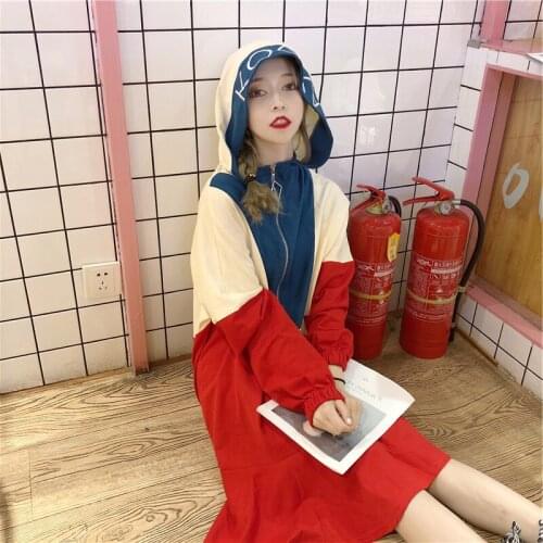 Loose Casual Hoodie Dress 2019 Autumn Korean Streetwear Patchwork Hooded Sweatshirt Dress Oversized Pullover Vestido DD1560