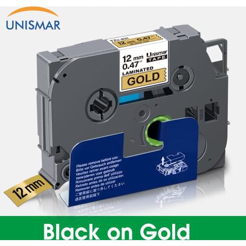 Unismar Black on Gold TZe-831 TZe-231 12mm 1/2" Laminated Labels Tape TZ-831 TZe831 Ribbon for Brother P-touch PT Label Maker