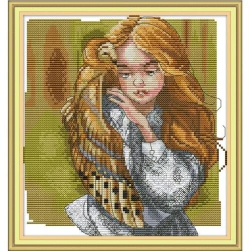 Girls and Owls Cross Stitch Patterns 14ct 11ct Count Fabric Printed Canvas Cross Stitch Embroidery Kits DIY Handmade Needlework