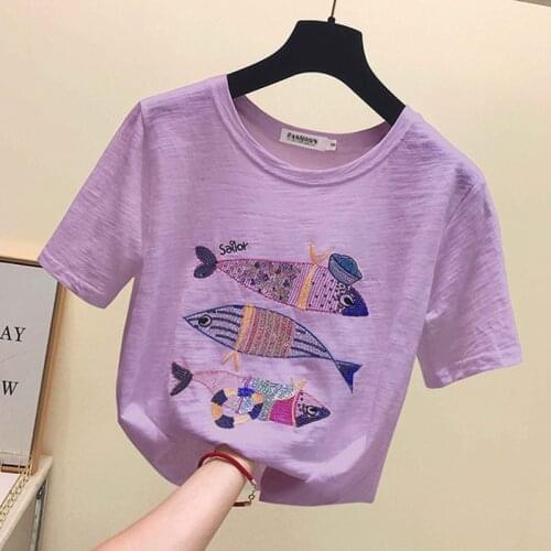 Gkfnmt Women Summer Casual T-Shirt Embroidery Sequin Purple Pink White Tshirt Cotton Short Sleeve Fish Tops High Quality Clothes