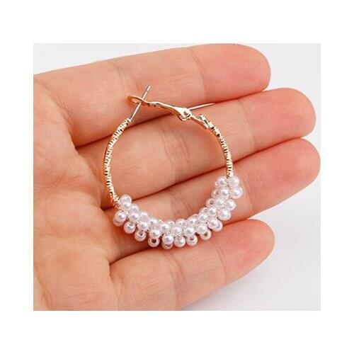 Hgflyxu Rose Gold color Hoop earrings for Women 40mm simulated pearl Earring wholesale fashion Ear jewelry Hot