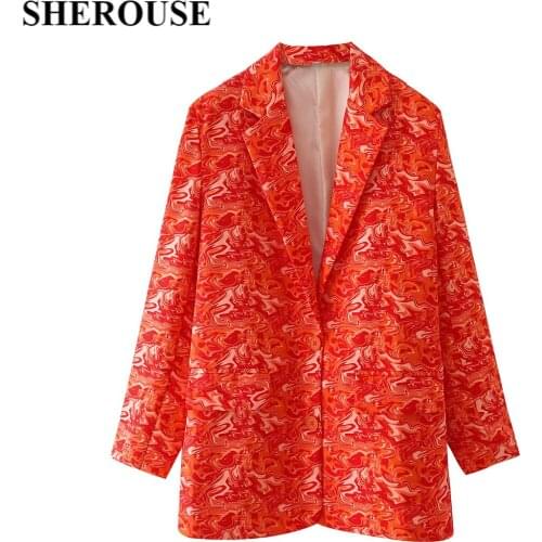 SHEROUSE Women Fashion With Pockets Single Button Printed Blazer Long Sleeve Notched Neck Vintage Female Coats Chic Tops