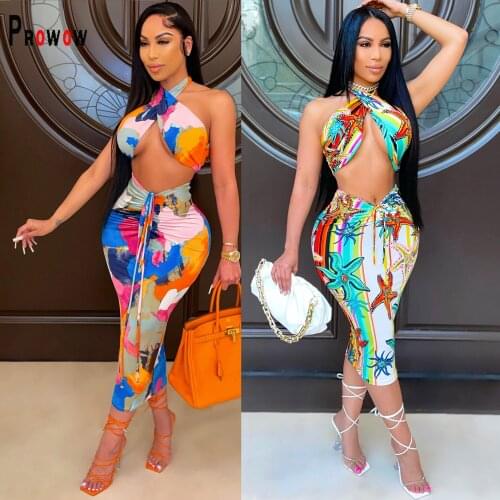 Prowow Fashion Print Women Clothing Set Halter Corset Tops Dress Two Piece Summer Beachwear 2021 New Sexy Female Suits Costume