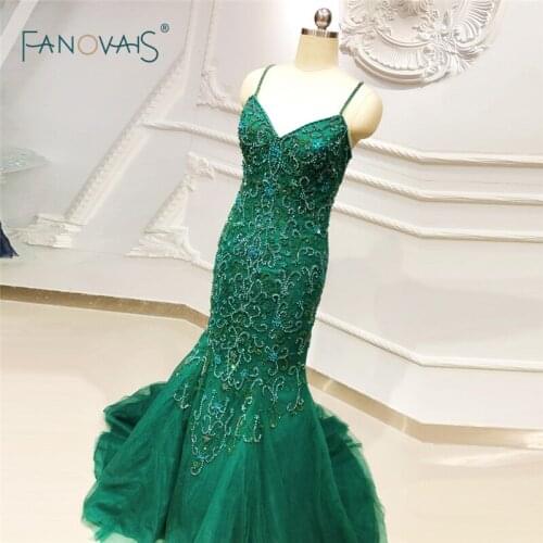 Heavy Beaded Mermaid Evening Dresses 2020 Long Prom Dress Tulle Shiny Luxury Formal Party Gown Green Vestido De Fiesta NE32