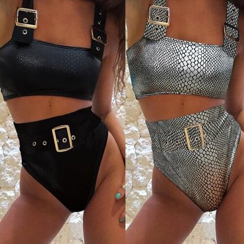 Womens Sexy Recodile Skin Pattern Bikini Push Up Swimwear Two Pieces High Waist Quality Bathing Suit Metal New Swimming Sets