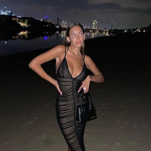 2021 Sexy Mesh Pleated Long Prom Dresses For Womens Clothing Solid Color Beach Party Wear Midi Wrap Dress Street Outfits